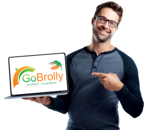Man Pointed to GoBrolly Logo